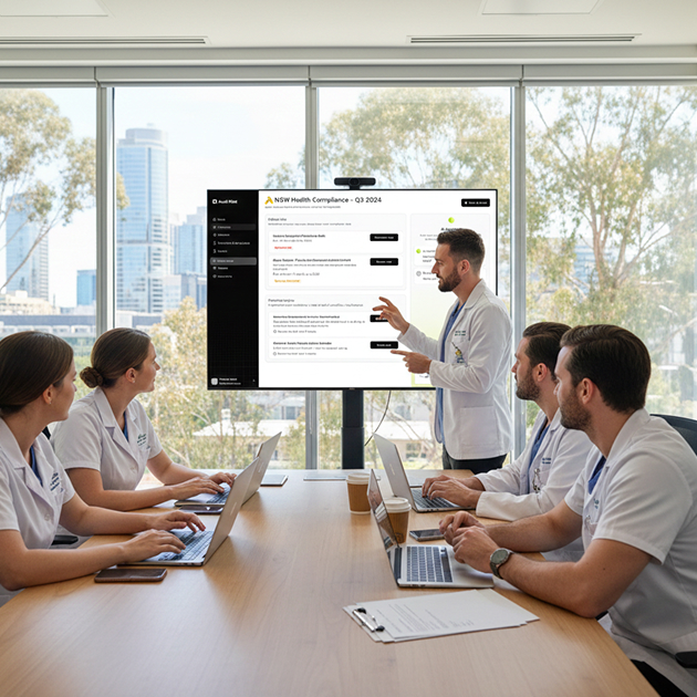 Five people in white uniforms sit around a conference table with laptops, while one person stands and presents information on a large screen at the front of the room.