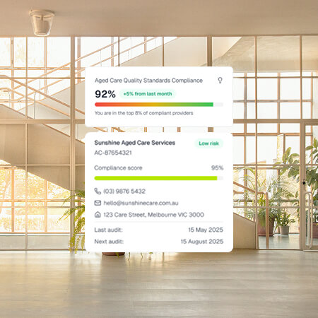 Digital cards displaying aged care compliance scores and contact details are overlaid on a bright, modern lobby with large windows and potted plants.