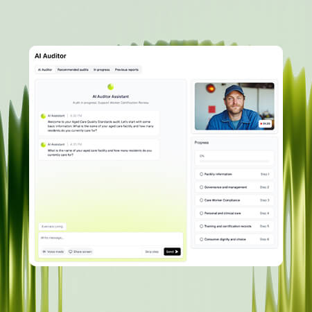 A computer screen displays an AI auditing interface with a video call, checklist, and progress tracker against a blurred green plant background.