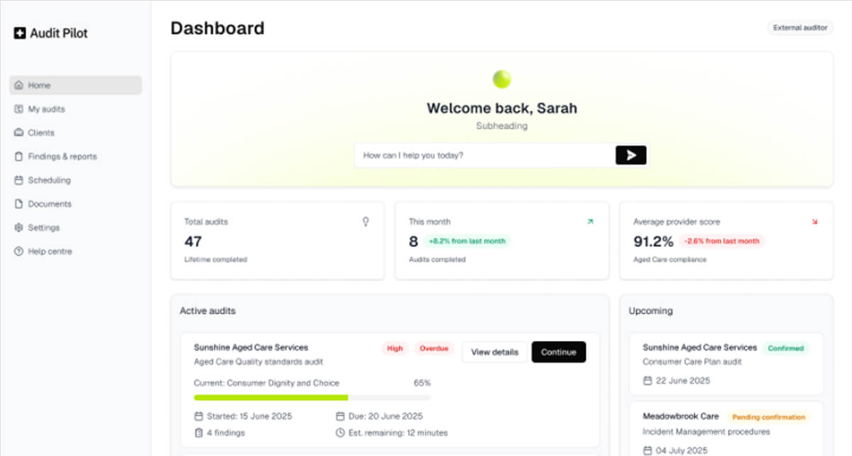 Screenshot of an audit dashboard displaying total audits, audits completed this month, average provider score, active audits, and upcoming audits with key dates and progress indicators.