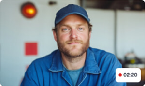 A man wearing a blue cap and shirt sits indoors, looking at the camera. A timer in the corner shows 2 minutes and 20 seconds.