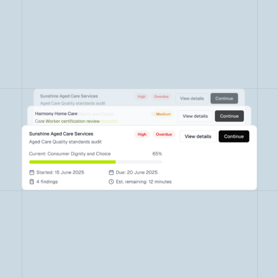 A digital dashboard shows audit progress bars and statuses for aged care services, listing overdue and ongoing tasks with buttons for viewing details and continuing.