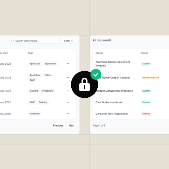 A computer screen displays two document management panels with lists of files, statuses, tags, and a lock icon with a checkmark overlay in the center.