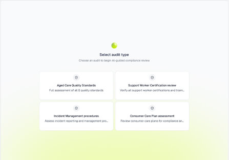 A webpage screen with four audit type options: Aged Care Quality Standards, Support Worker Certification review, Incident Management procedures, and Consumer Care Plan assessment.
