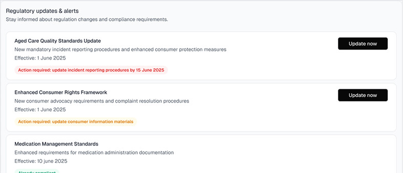 A webpage showing regulatory updates and alerts, including aged care standards, consumer rights, and medication management, with action deadlines and "Update now" buttons.