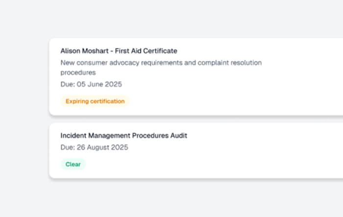 A dashboard showing two tasks: a First Aid Certificate expiring on 5 June 2025, and an Incident Management Procedures Audit due on 26 August 2025, marked as clear.